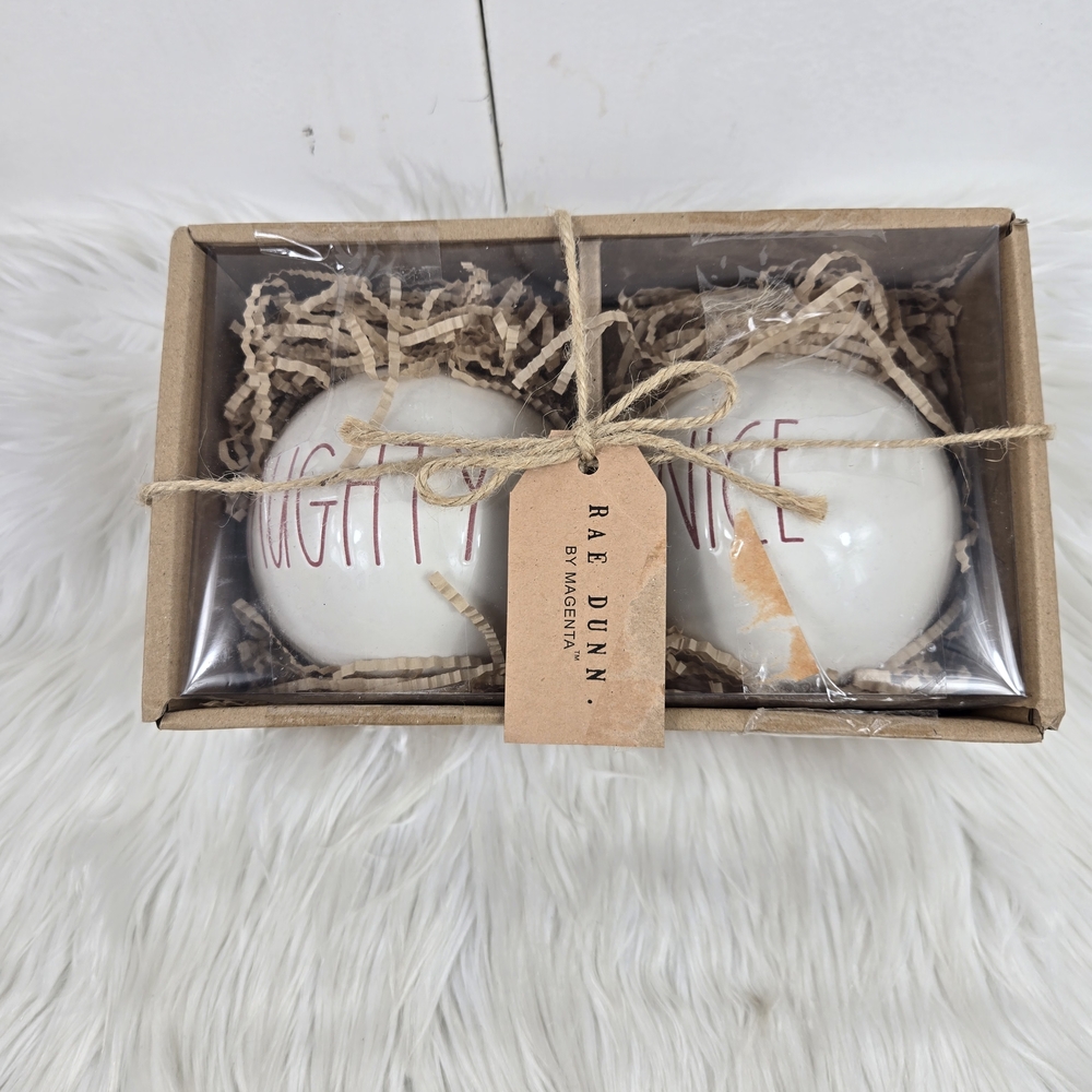 Rae Dunn White Ceramic Naughty/Nice Ornaments.